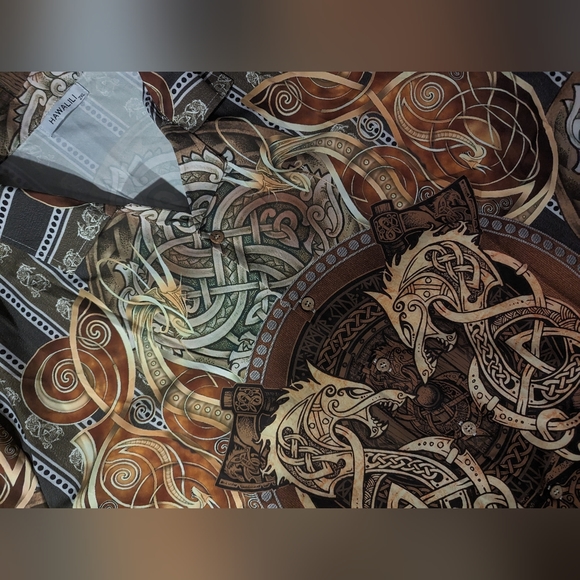 Hawalili Mens Button Down Shirt Brown & Gold Dragon Print Size 2XL Unique! - Picture 7 of 16